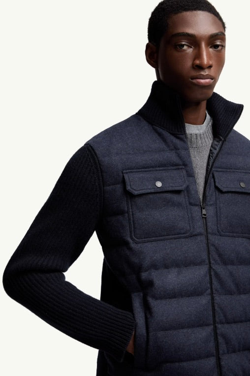 Padded Wool Zip-up Cardigan Navy Blue