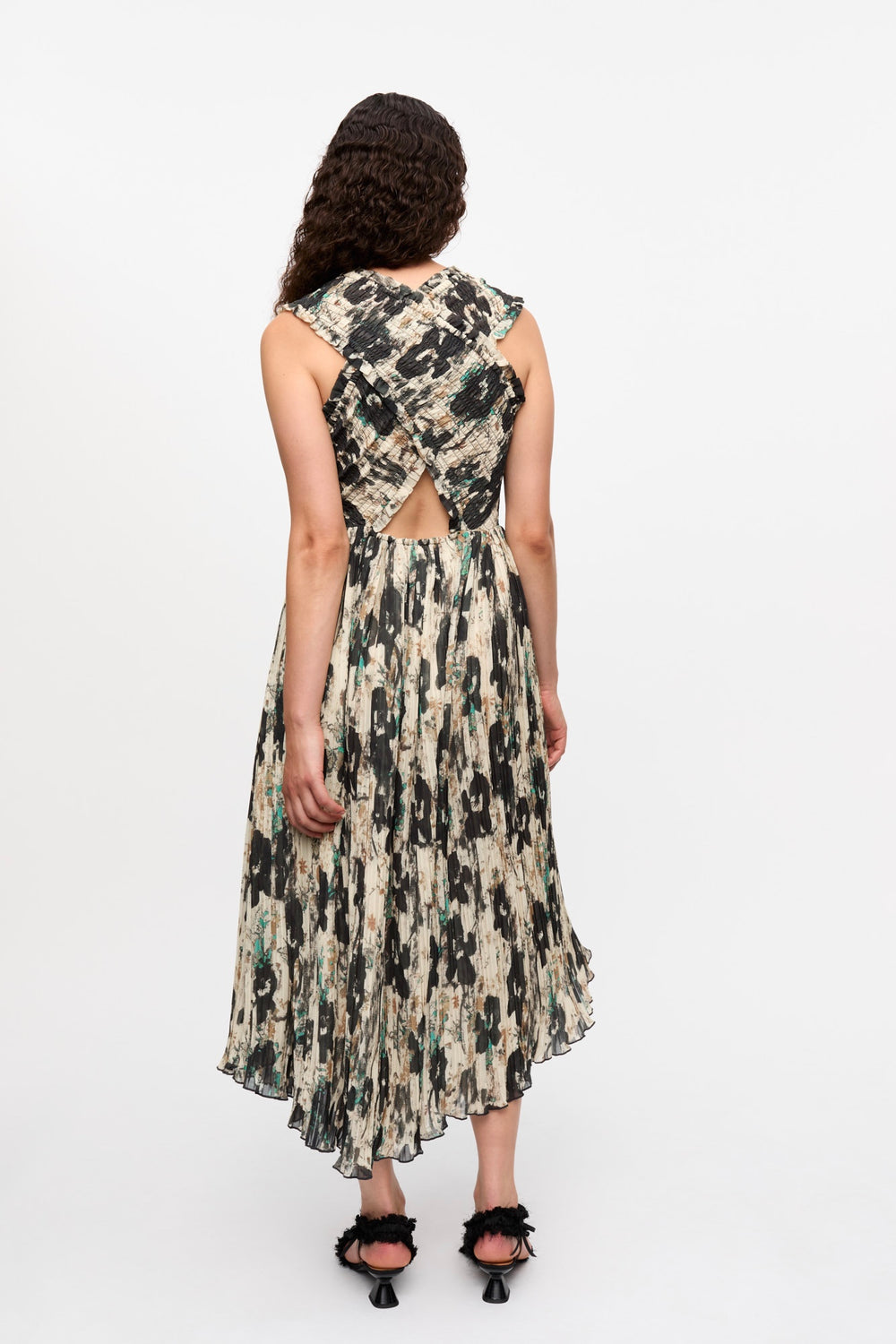 GANNI Printed Pleats Smock Midi Straps Dress - Dale