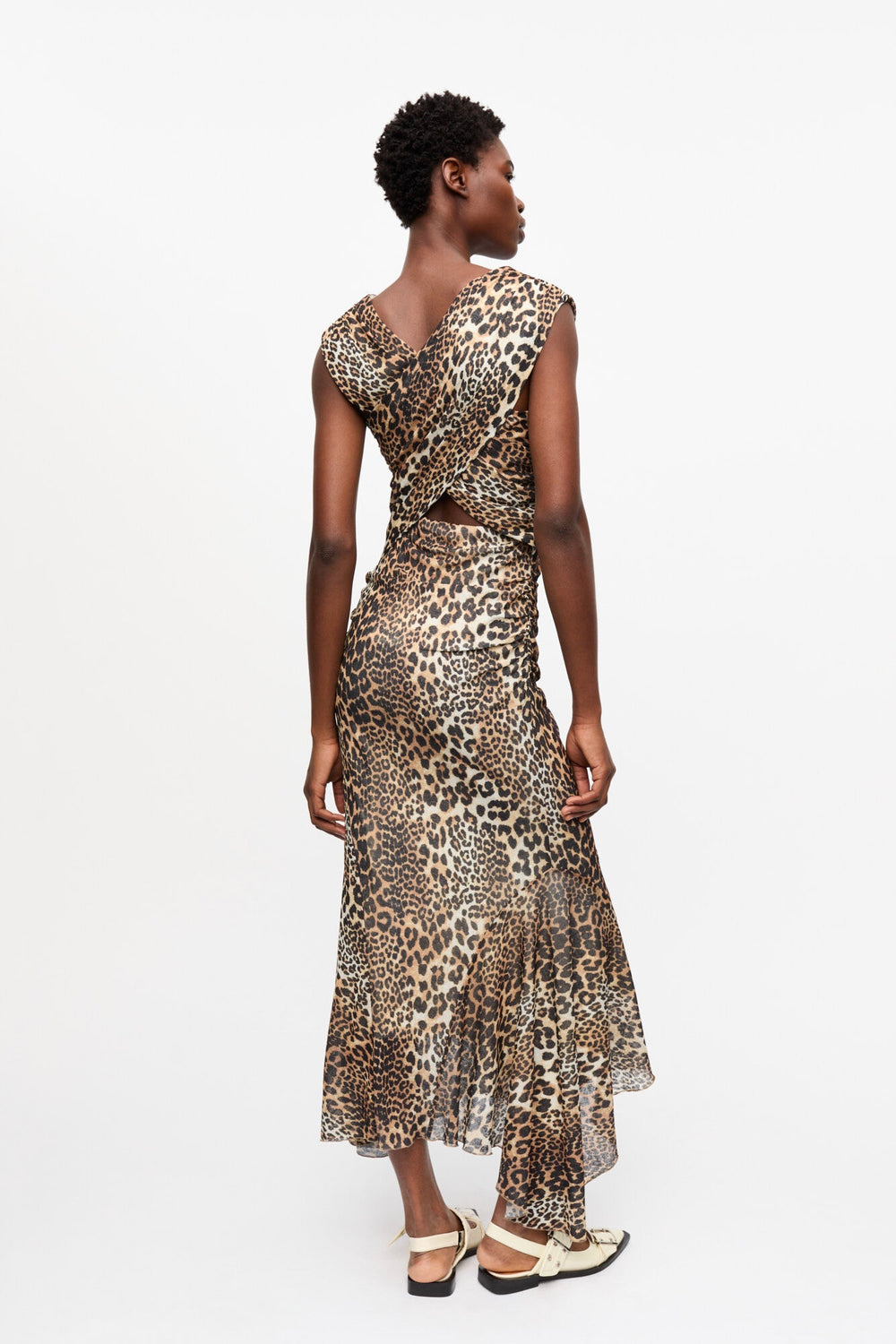 GANNI Printed Marl Mesh Long Ruched Crossover Dress - Dale