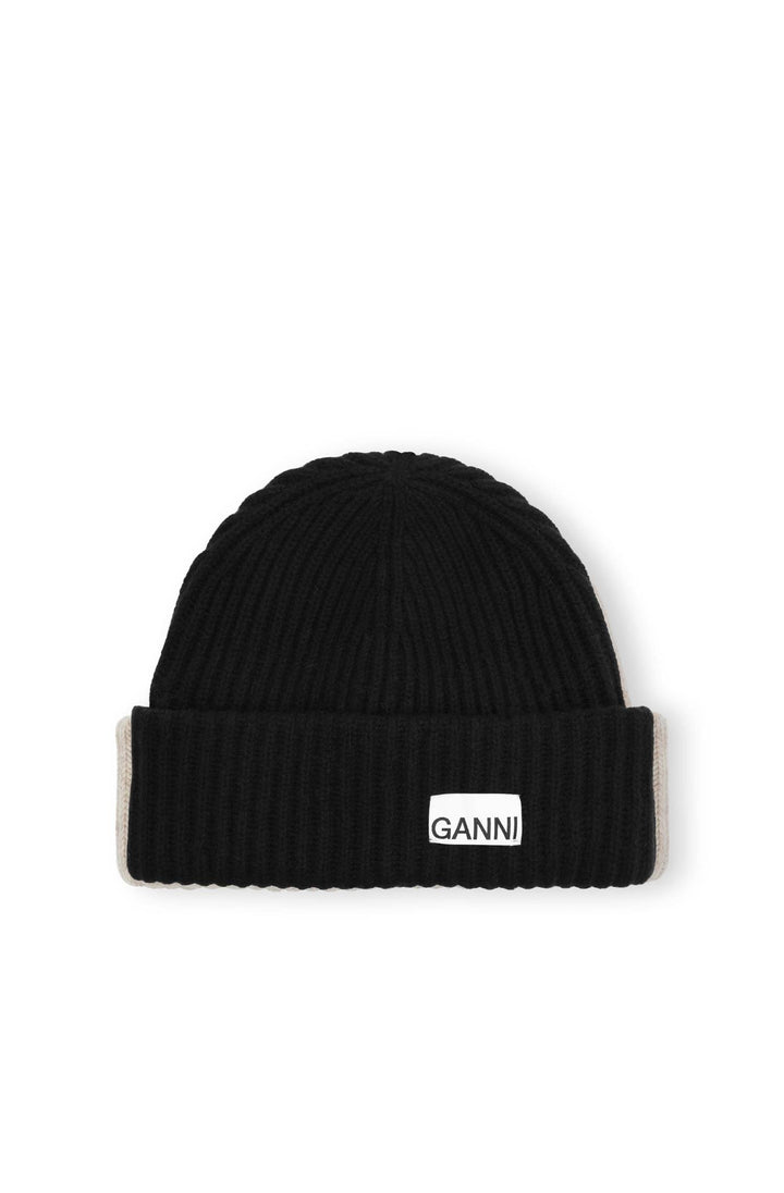 GANNI Oversized Wool Rib Beanie Black - Dale