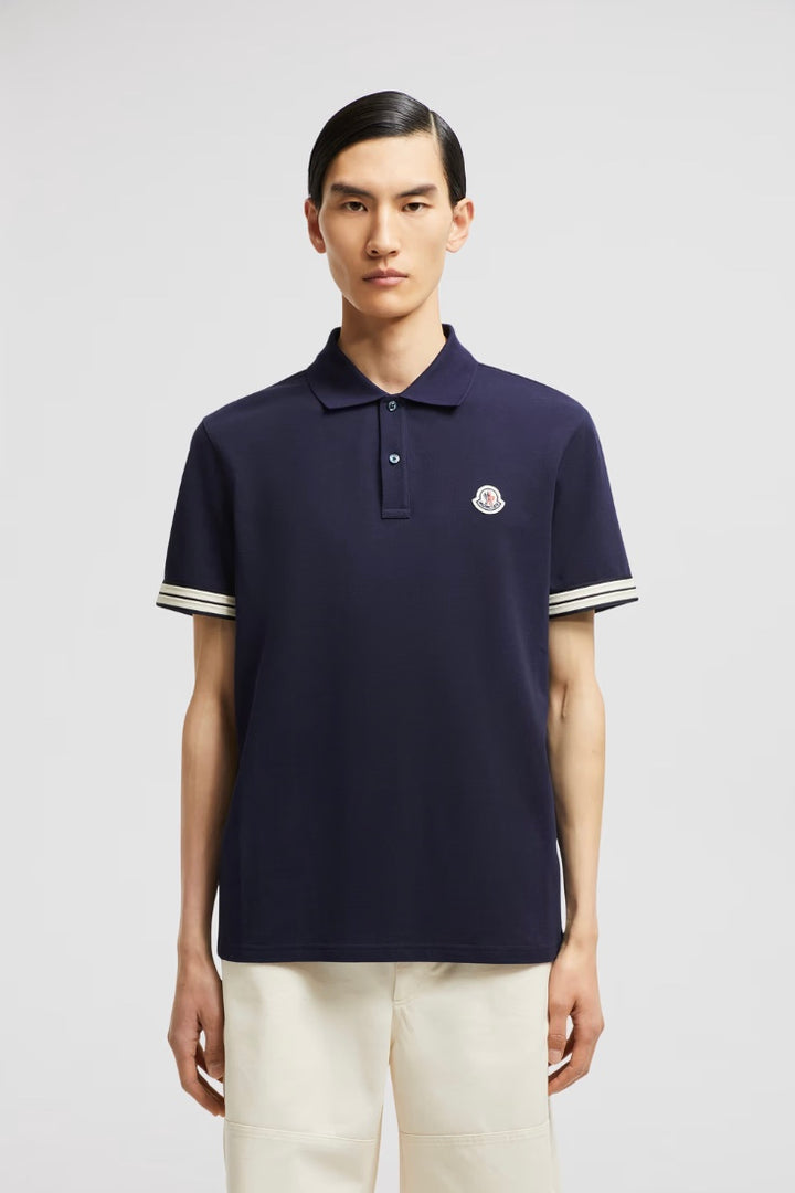 MONCLER Striped Trim Cotton Piquet Polo Shirt Dark Blue - Dale