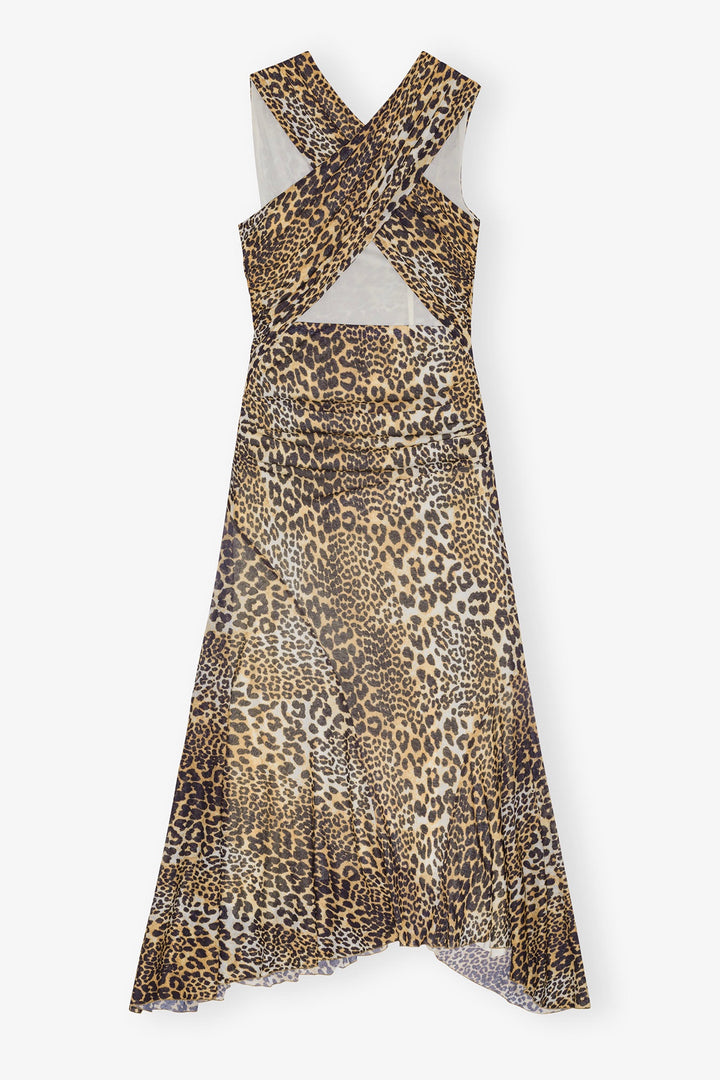 GANNI Printed Marl Mesh Long Ruched Crossover Dress - Dale
