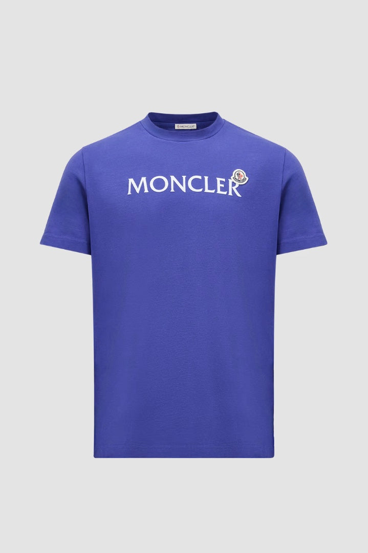 MONCLER Flocked Logo Cotton T-Shirt Bright Blue - Dale