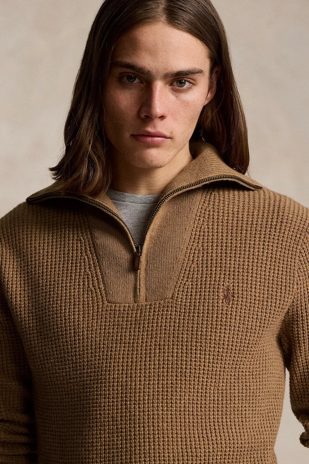POLO RALPH LAUREN Waffle Wool-Cotton Quarter-Zip Jumper Brown - Dale