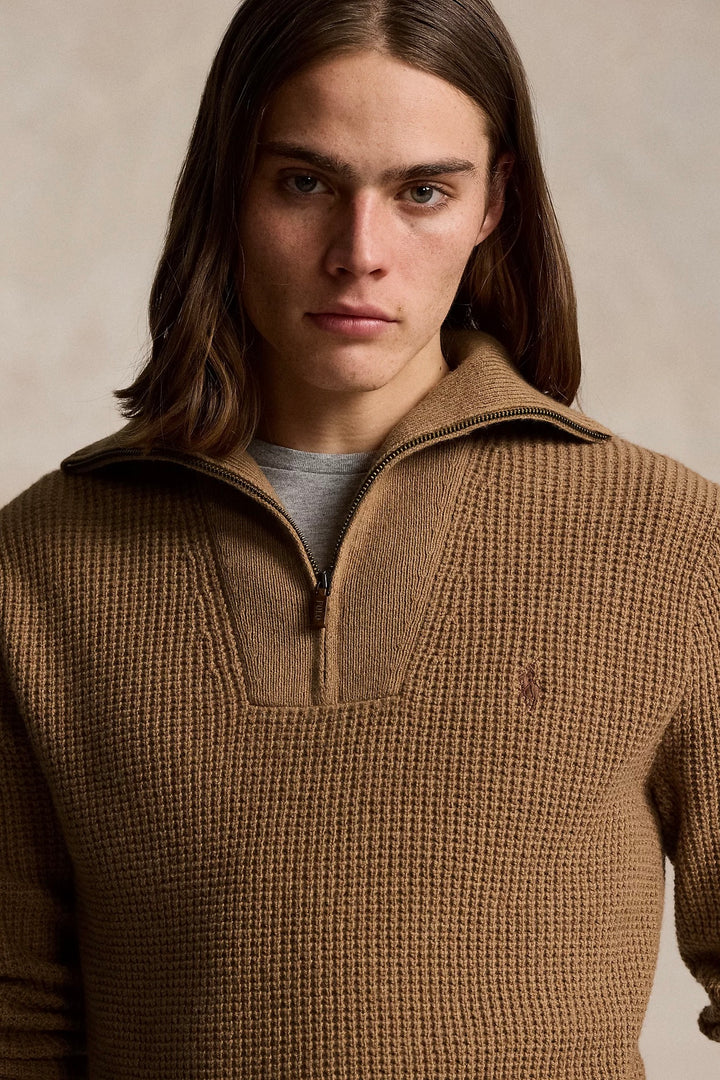 POLO RALPH LAUREN Waffle Wool-Cotton Quarter-Zip Jumper Brown - Dale