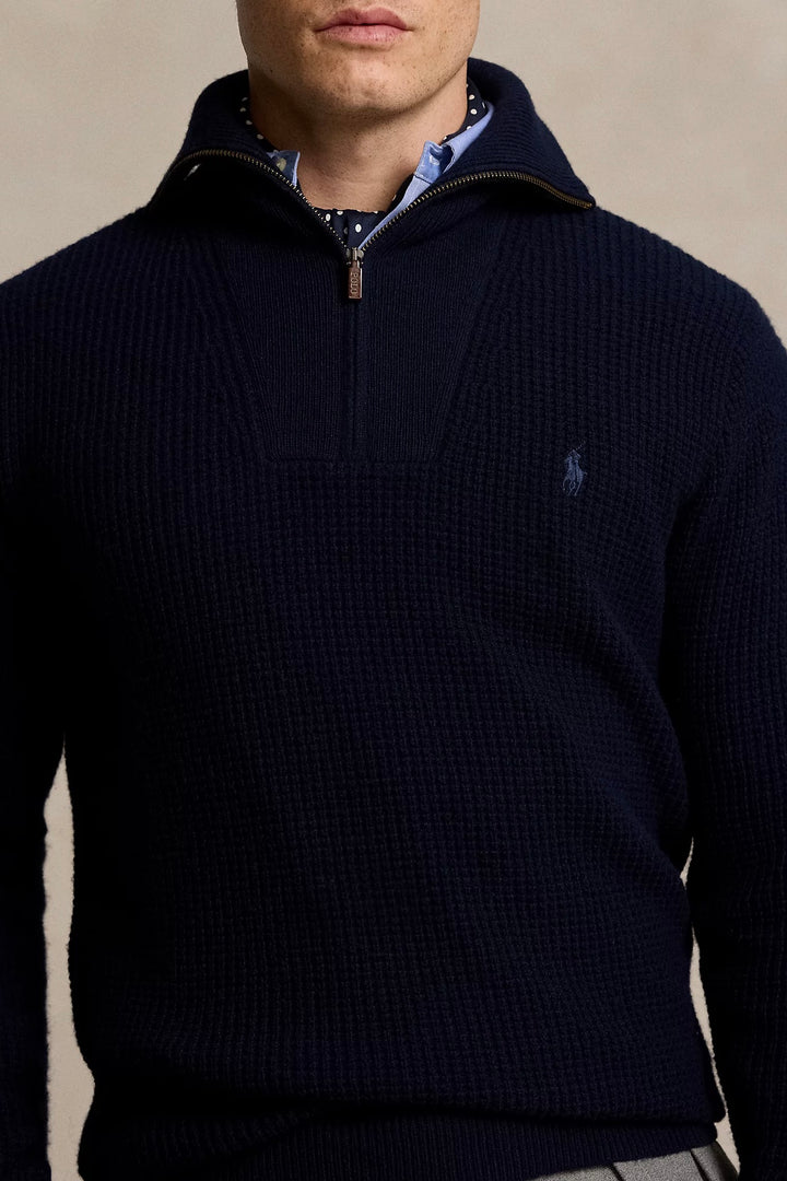POLO RALPH LAUREN Waffle Wool-Cotton Quarter-Zip Jumper Navy - Dale