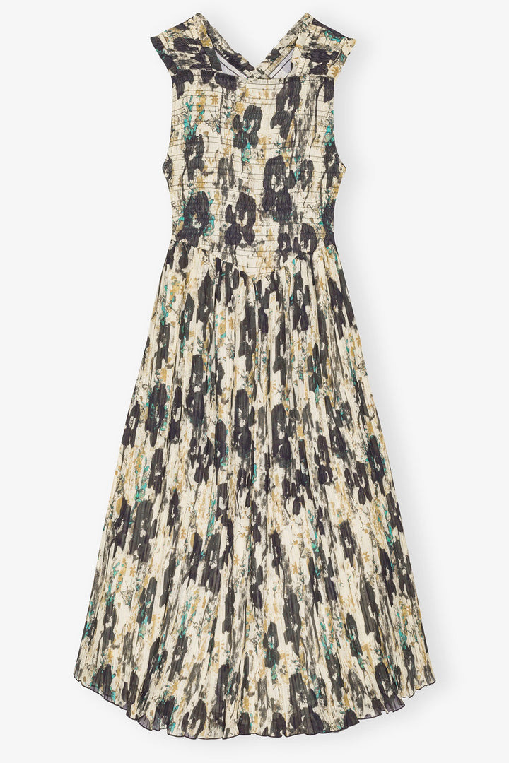 GANNI Printed Pleats Smock Midi Straps Dress - Dale