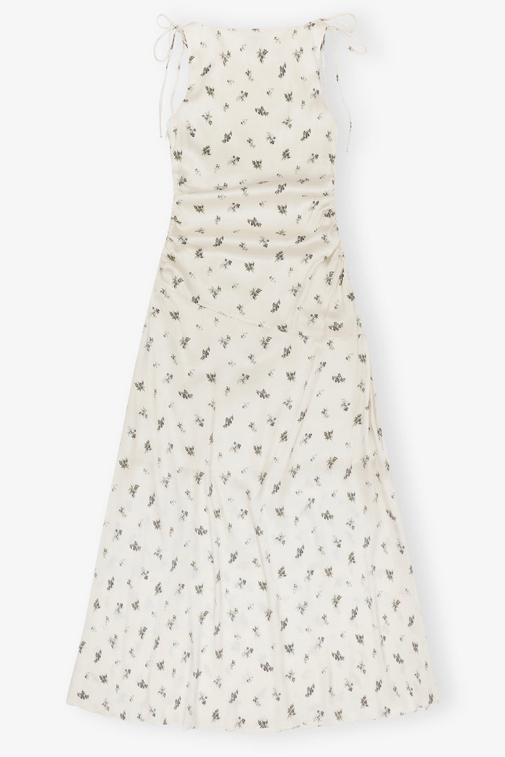 GANNI Printed Satin Gathered Long Dress - Dale