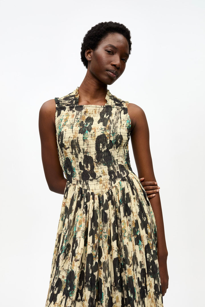 GANNI Printed Pleats Smock Midi Straps Dress - Dale