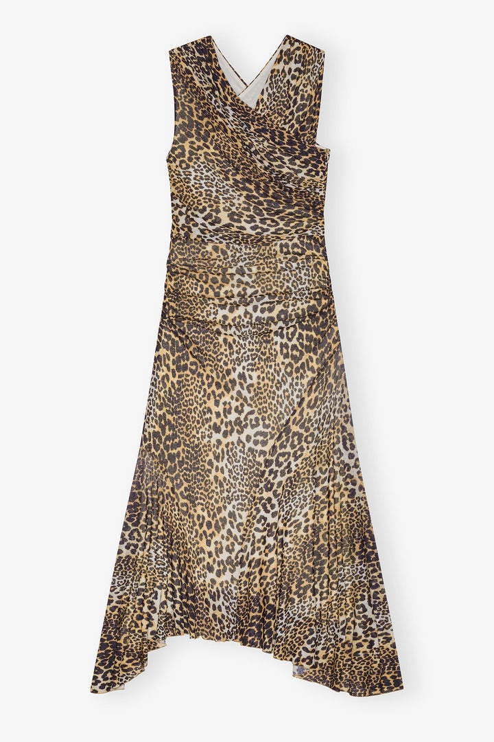 GANNI Printed Marl Mesh Long Ruched Crossover Dress - Dale