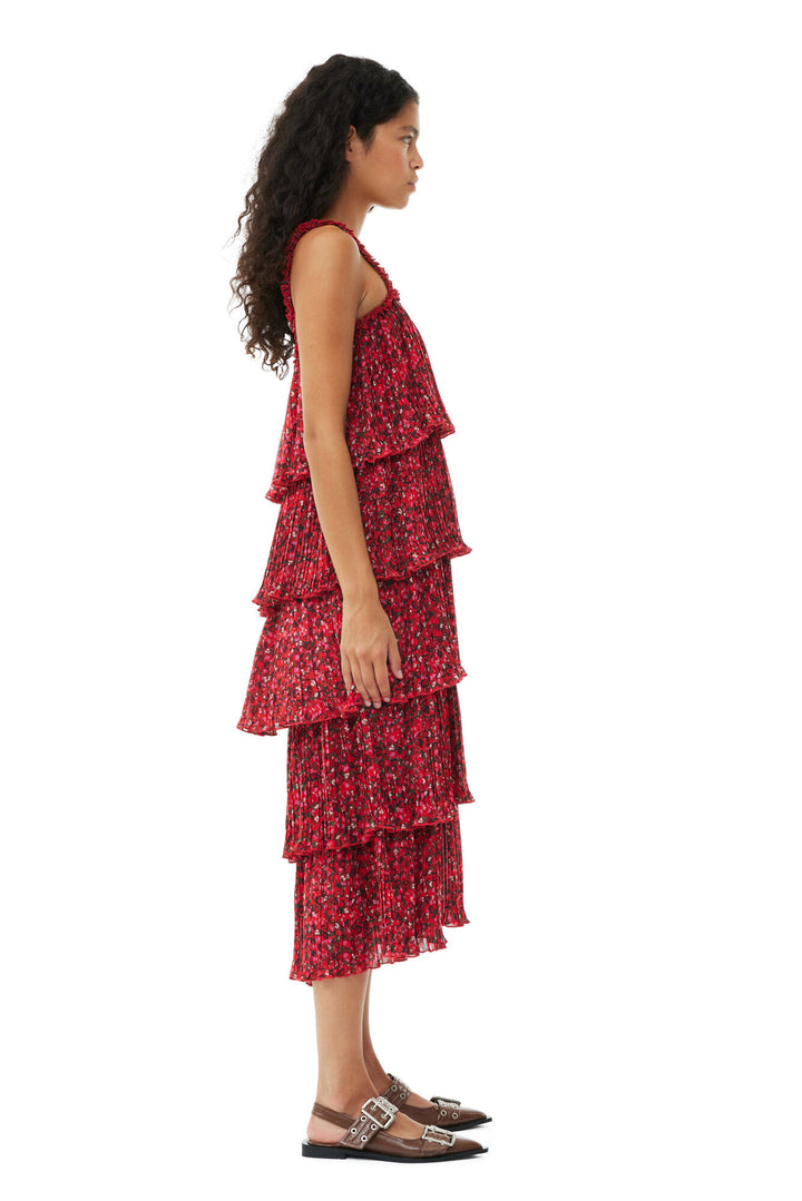 GANNI Pleated Georgette Flounce Strap Midi Dress - Dale