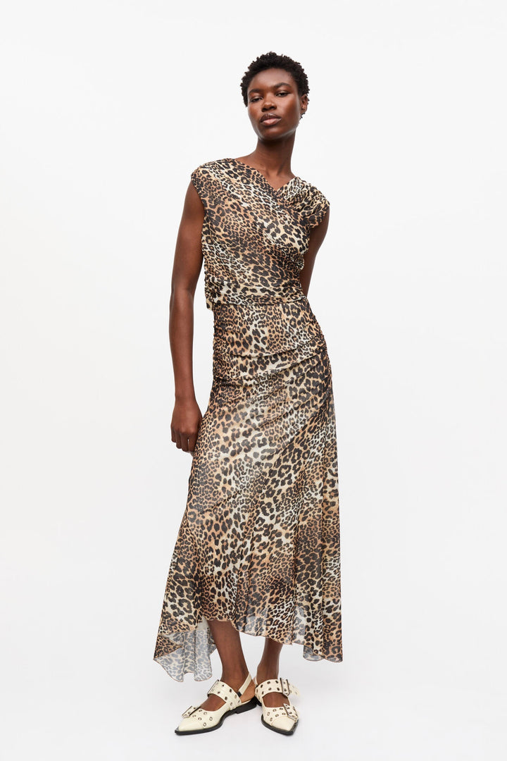 GANNI Printed Marl Mesh Long Ruched Crossover Dress - Dale