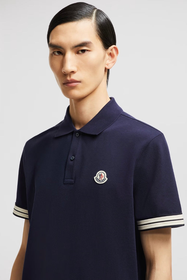 MONCLER Striped Trim Cotton Piquet Polo Shirt Dark Blue - Dale