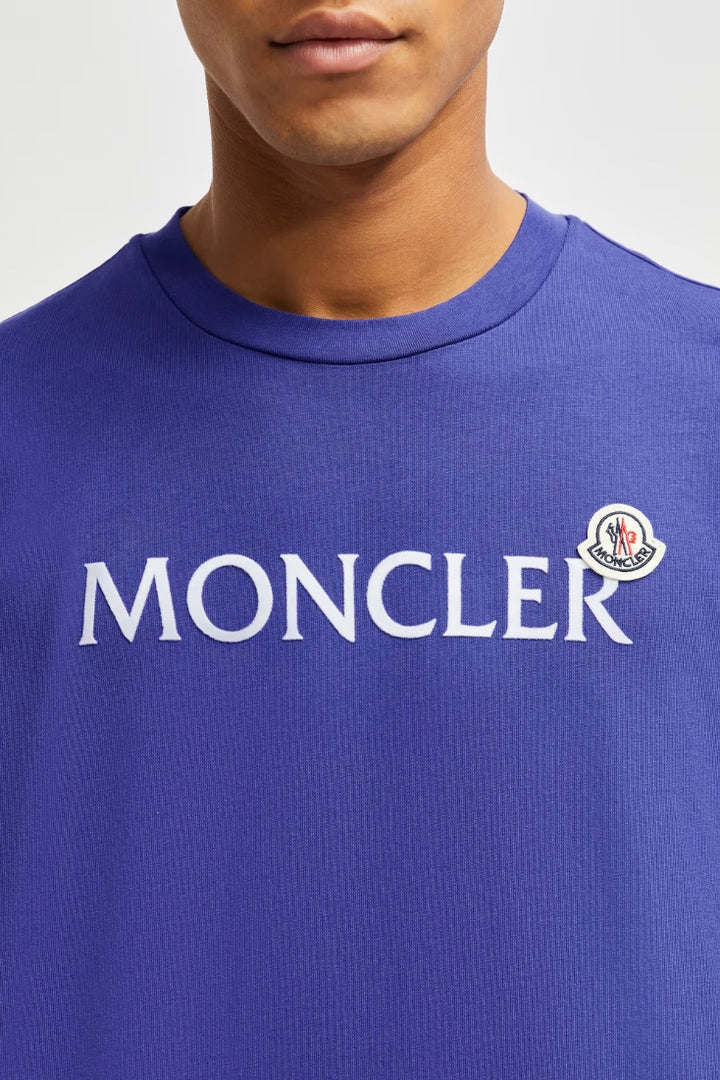 MONCLER Flocked Logo Cotton T-Shirt Bright Blue - Dale