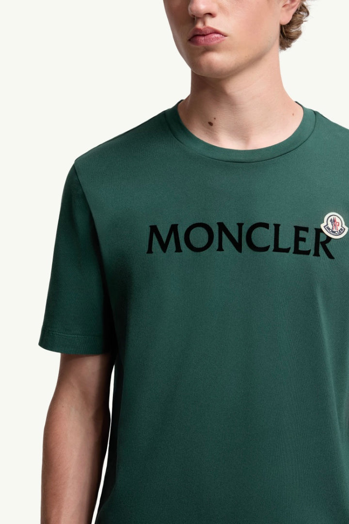 MONCLER Flocked Logo Cotton T-Shirt Medium Green - Dale