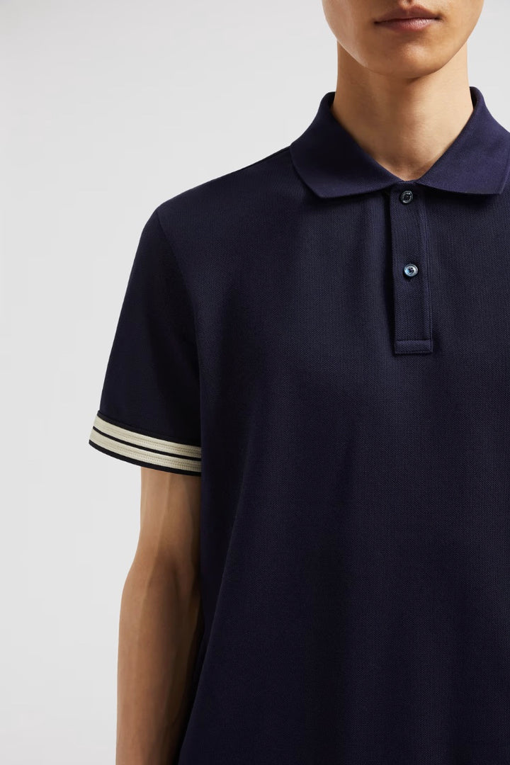 MONCLER Striped Trim Cotton Piquet Polo Shirt Dark Blue - Dale