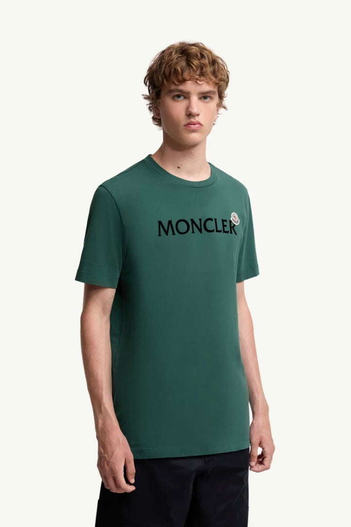 MONCLER Flocked Logo Cotton T-Shirt Medium Green - Dale