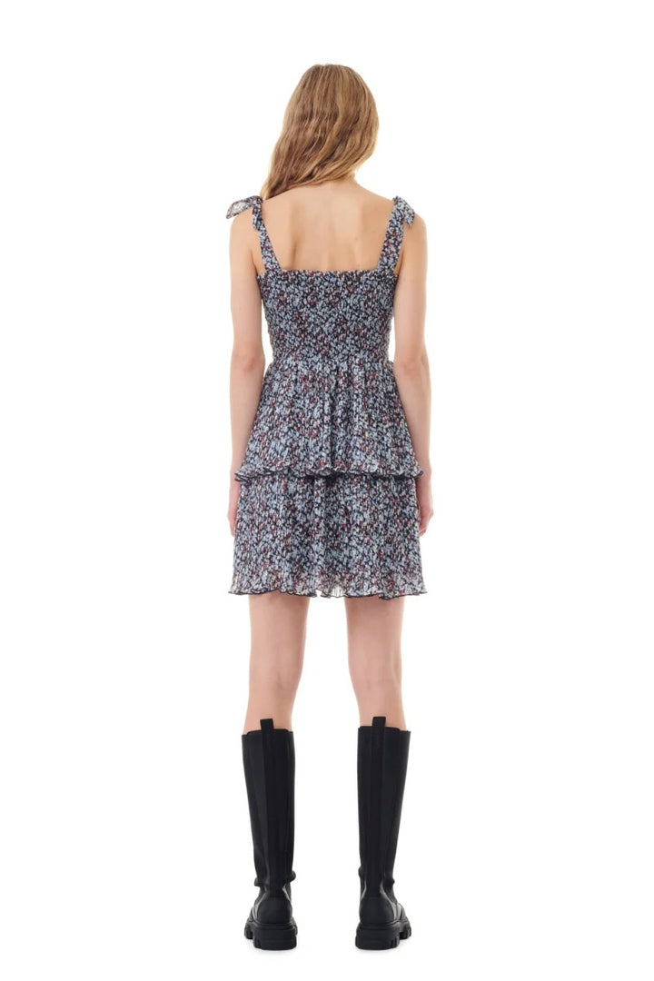 GANNI Pleated Georgette Strap Smock Mini Dress Phantom - Dale