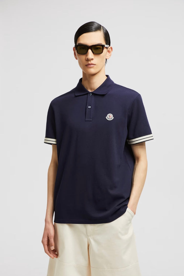 MONCLER Striped Trim Cotton Piquet Polo Shirt Dark Blue - Dale