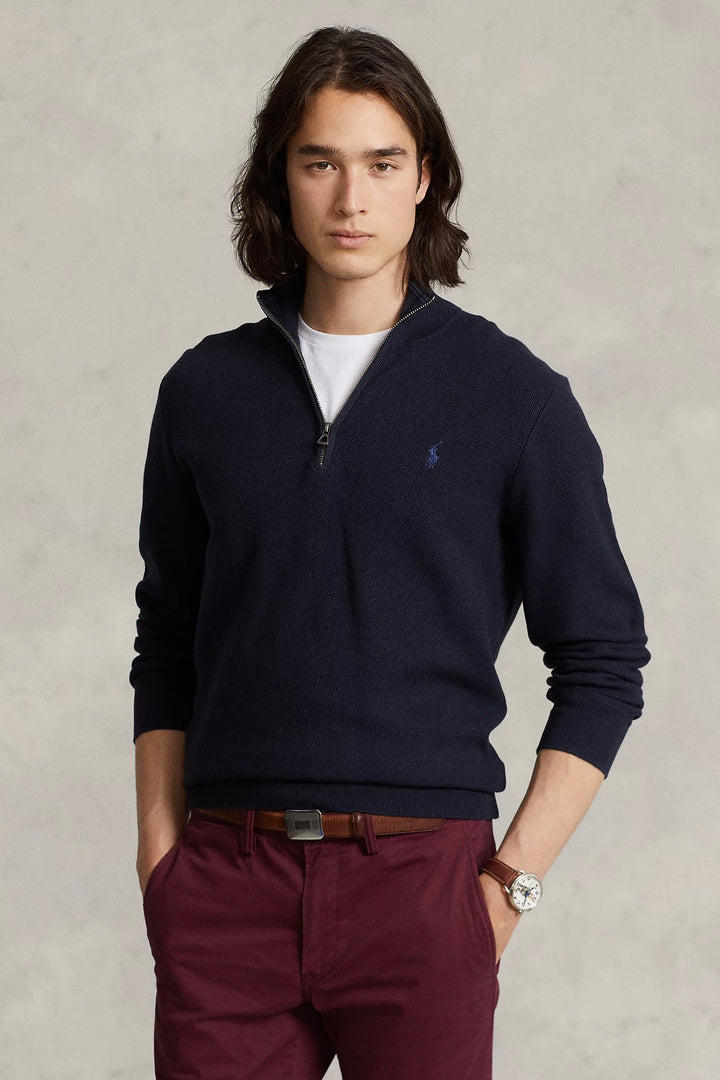 Mesh-Knit Cotton Quarter-Zip Jumper Navy Heather