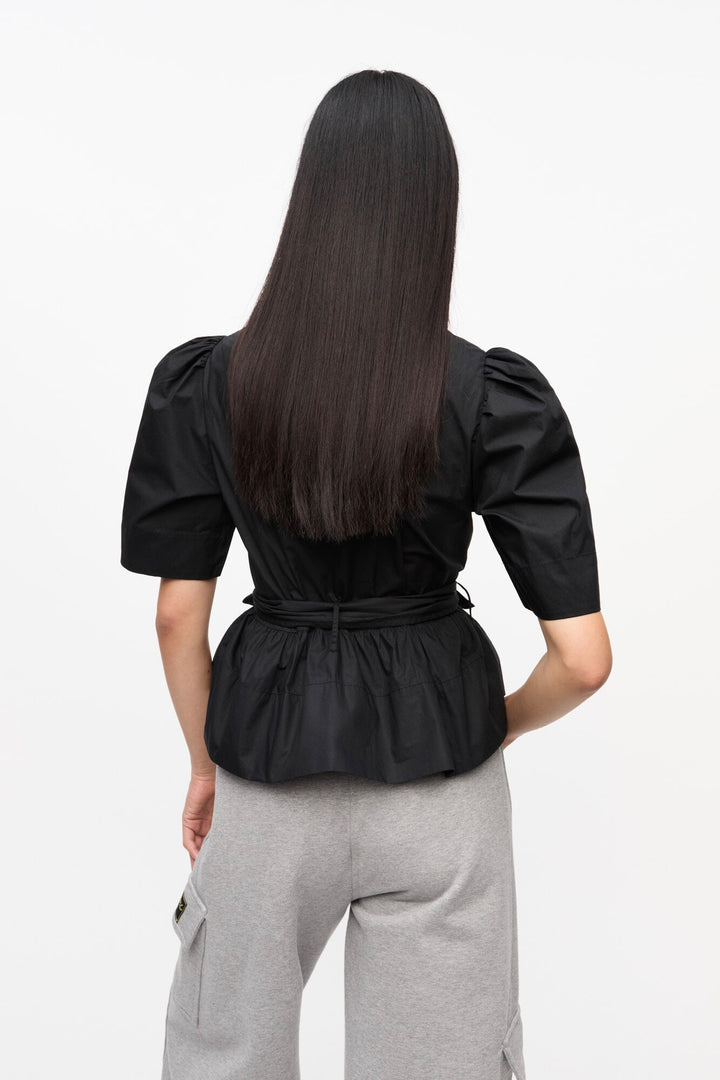 GANNI Washed Stretch Cotton Tie Strap Blouse Black - Dale