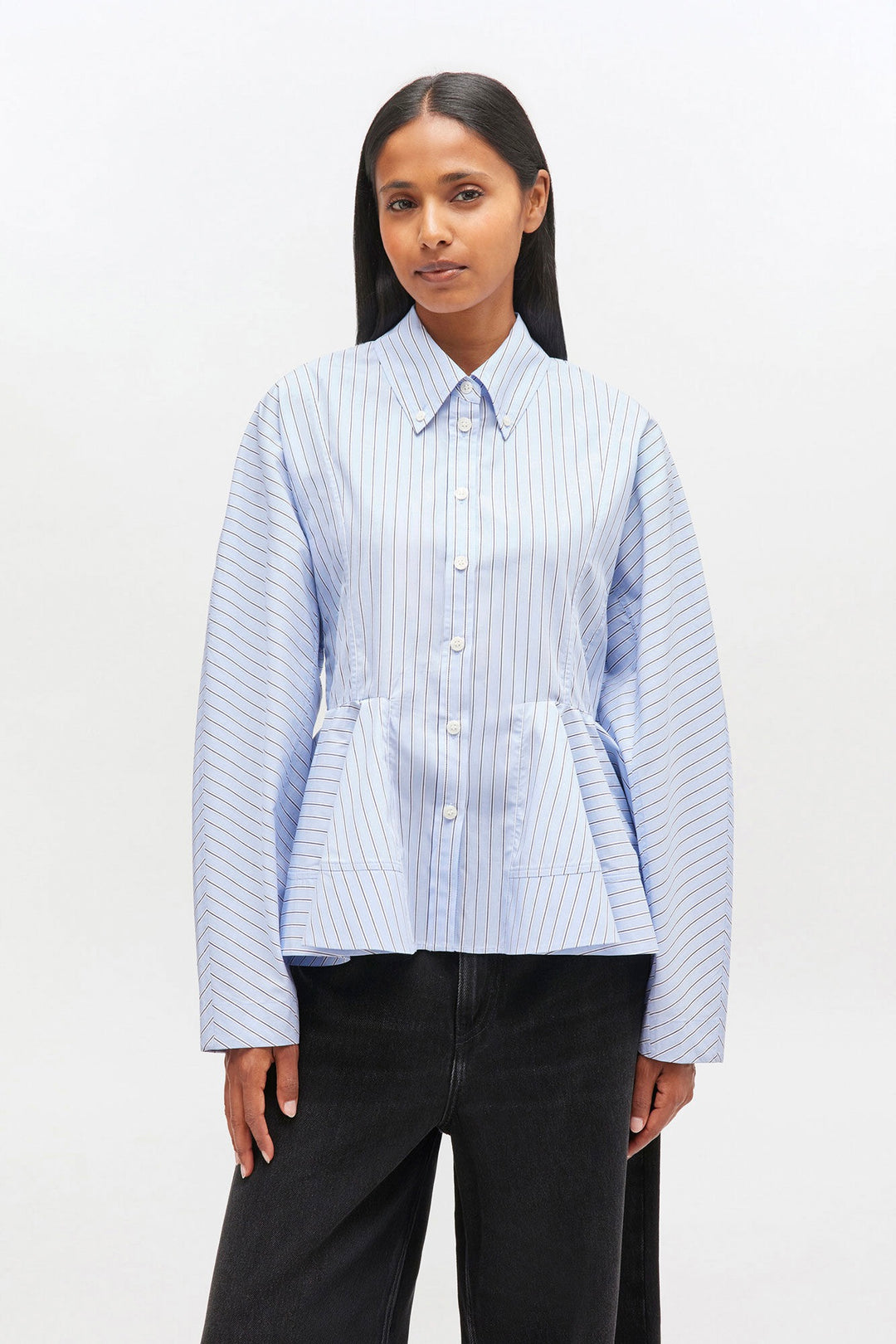 GANNI Stripe Cotton Peplum Shirt - Dale
