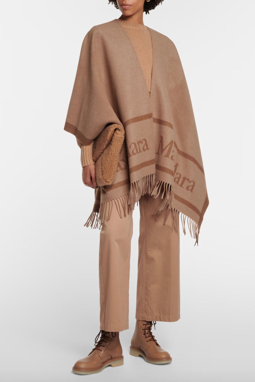 MAX MARA Hilde Jacquard Logo Wool Poncho Camel - Dale