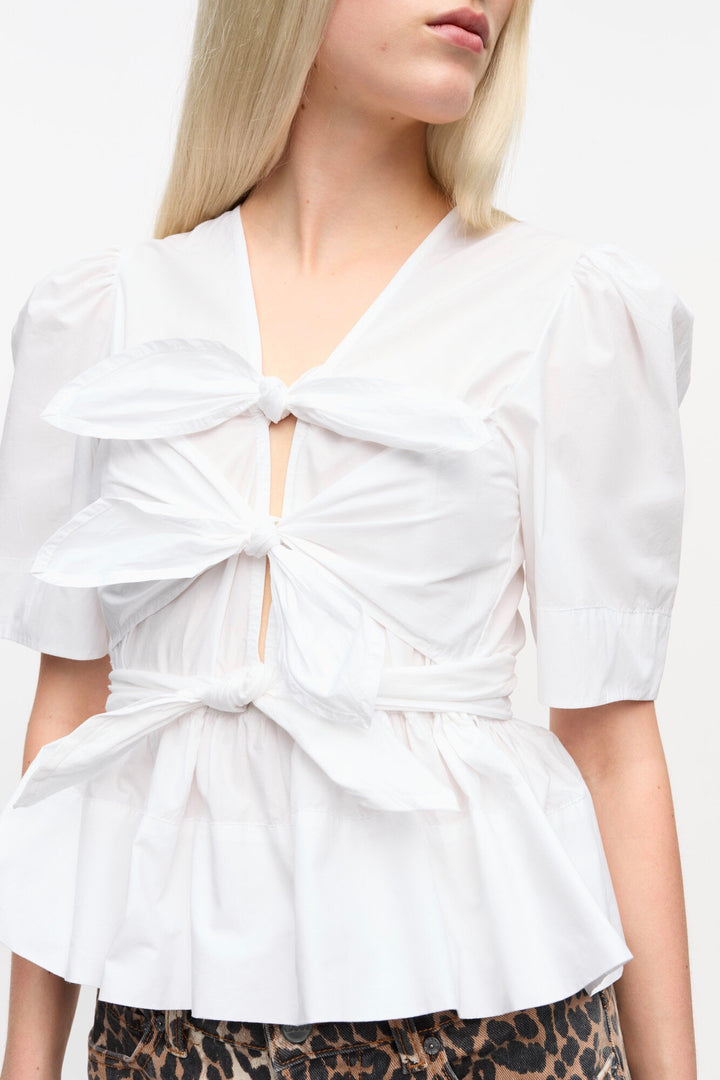 GANNI Washed Stretch Cotton Tie Strap Blouse Bright White - Dale