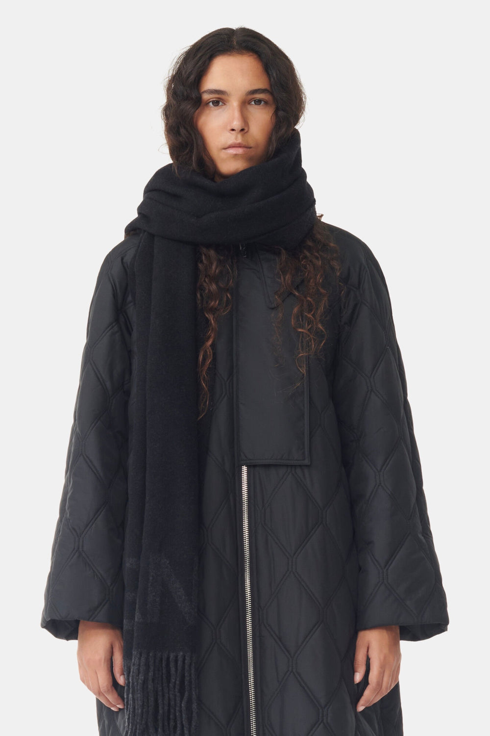 GANNI Fringed Wool Scarf Black - Dale