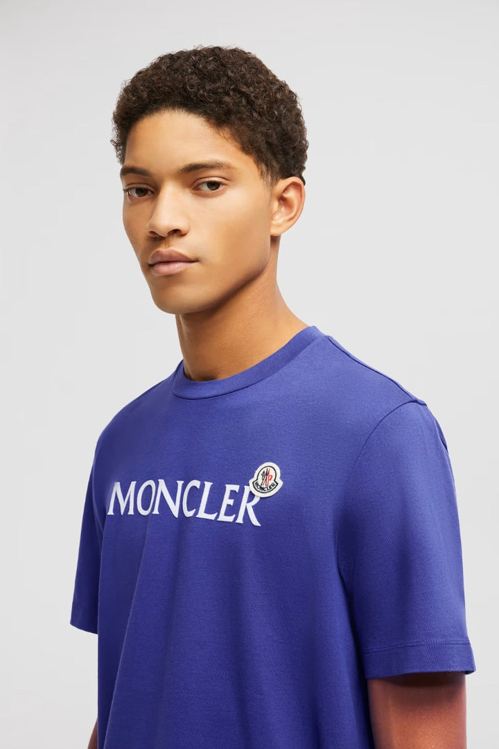 MONCLER Flocked Logo Cotton T-Shirt Bright Blue - Dale