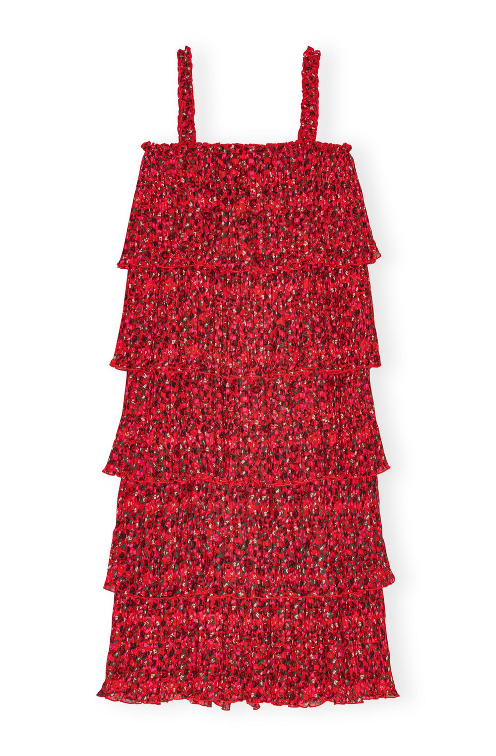 GANNI Pleated Georgette Flounce Strap Midi Dress - Dale