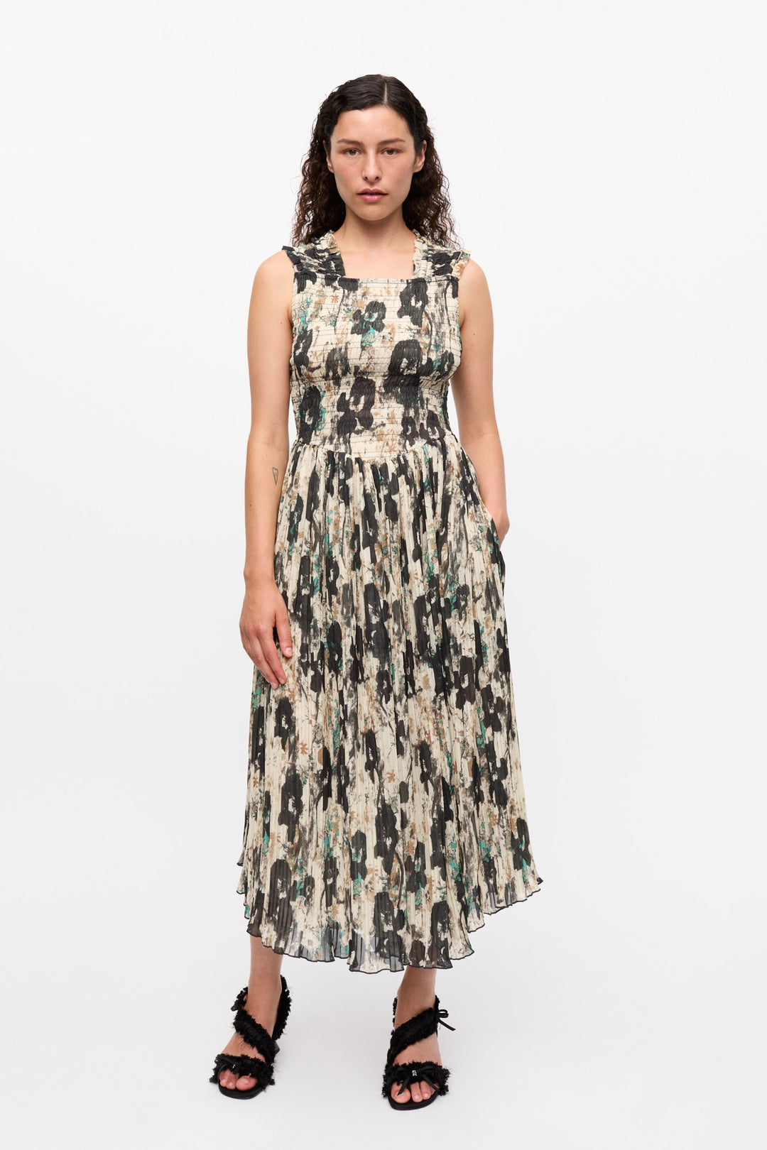 GANNI Printed Pleats Smock Midi Straps Dress - Dale