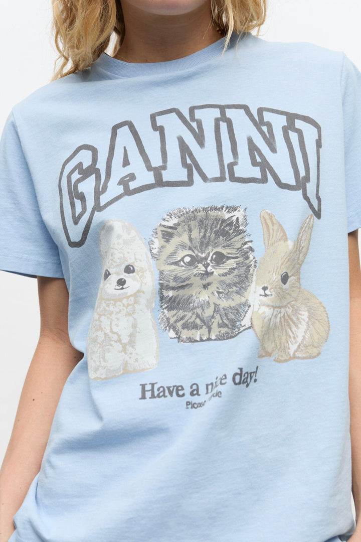 GANNI Basic Cotton Jersey Animals Relaxed T-shirt Chambray Blue - Dale