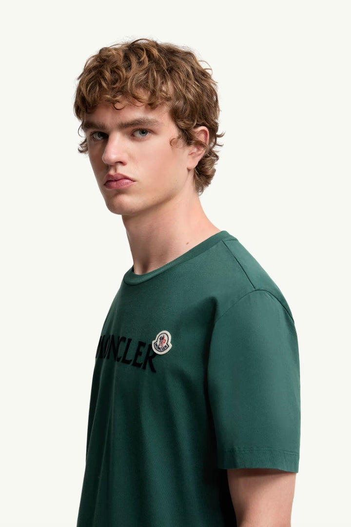 MONCLER Flocked Logo Cotton T-Shirt Medium Green - Dale