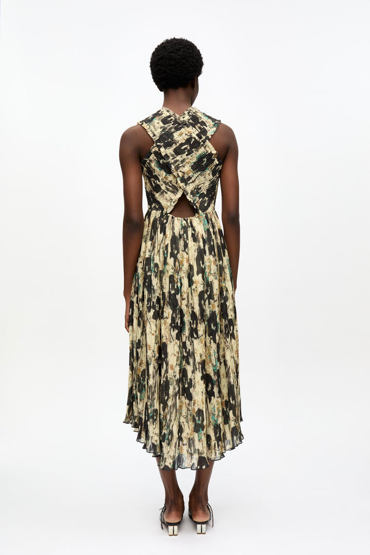 GANNI Printed Pleats Smock Midi Straps Dress - Dale
