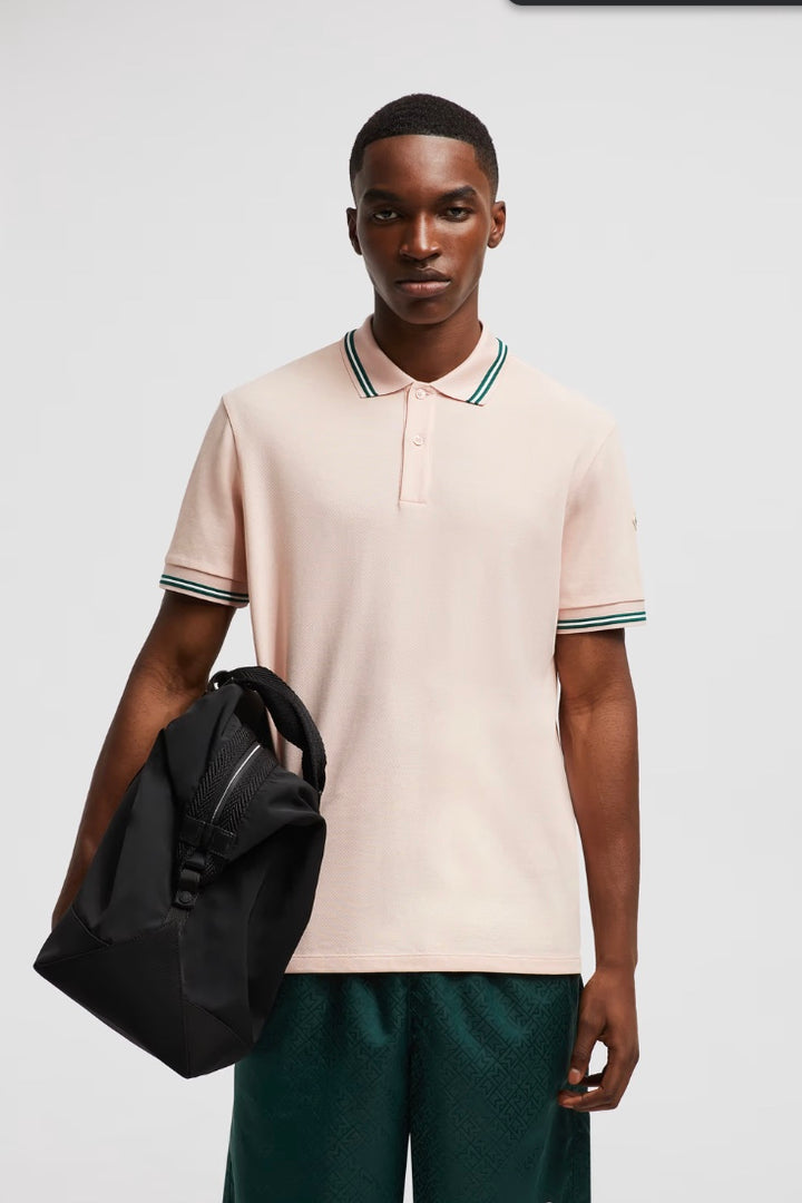 MONCLER Stripe Trim Piquet Polo Shirt Light Pink - Dale