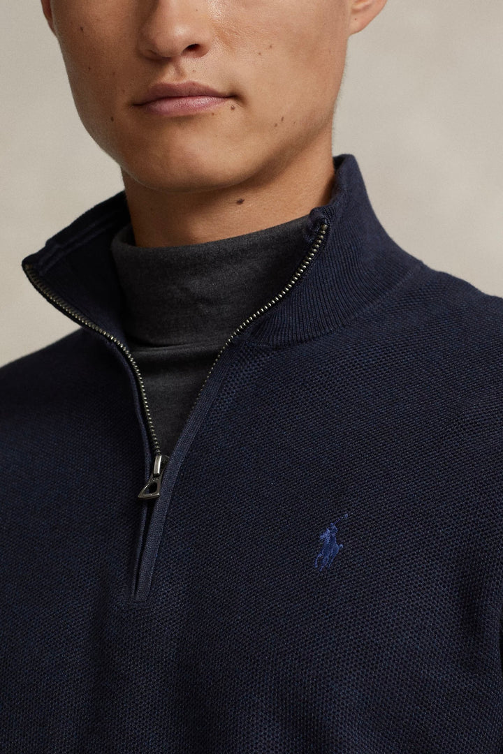 Mesh-Knit Cotton Quarter-Zip Jumper Navy Heather