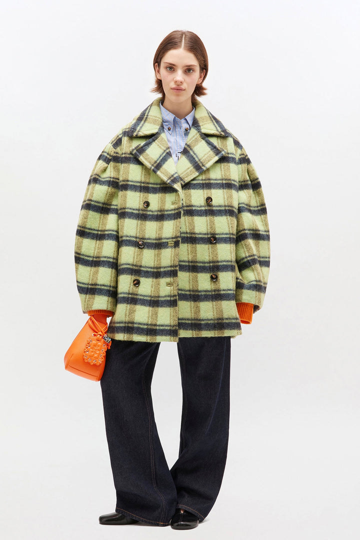 GANNI Brushed Wool Check Midi Coat - Dale
