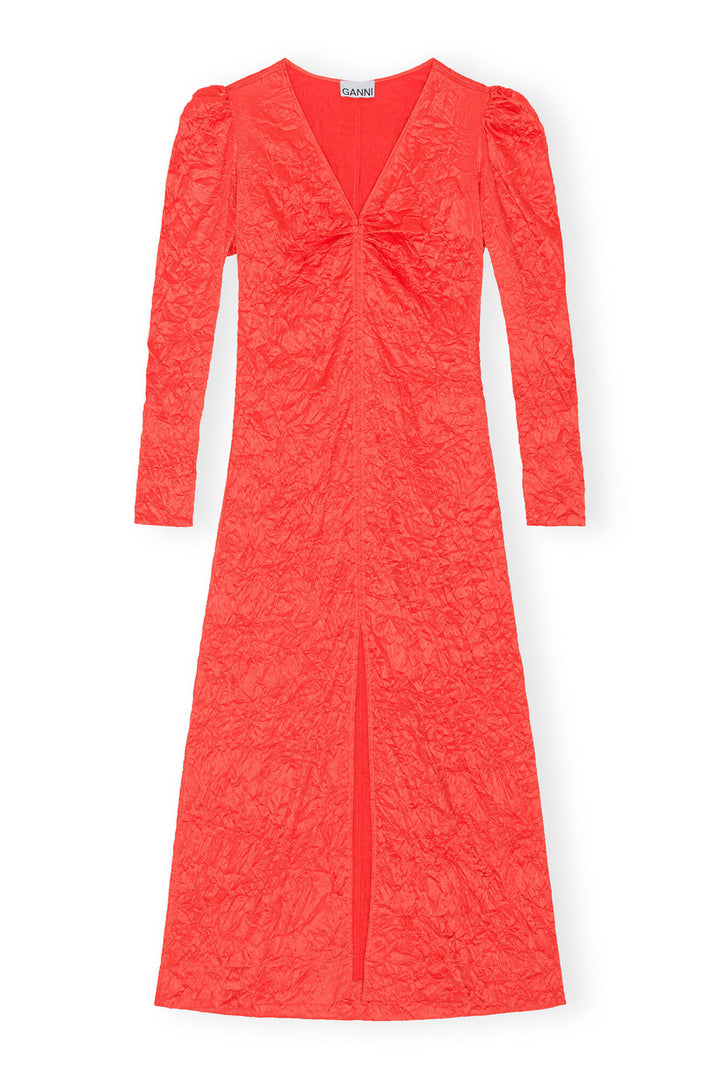 GANNI Crinkled Satin Long Dress - GRENADINE - Dale