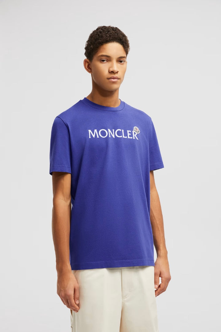 MONCLER Flocked Logo Cotton T-Shirt Bright Blue - Dale