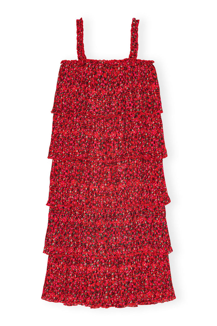 GANNI Pleated Georgette Flounce Strap Midi Dress - Dale
