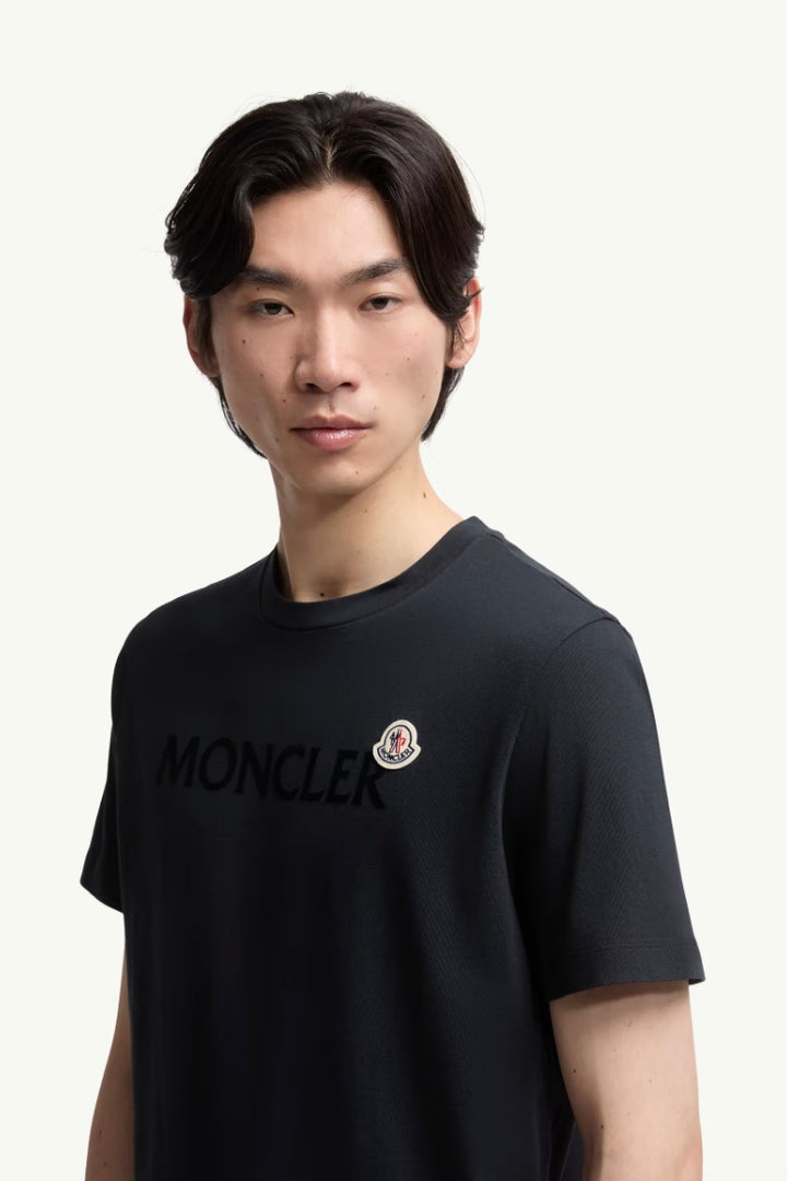 MONCLER Flocked Logo Cotton T-Shirt Night Blue - Dale