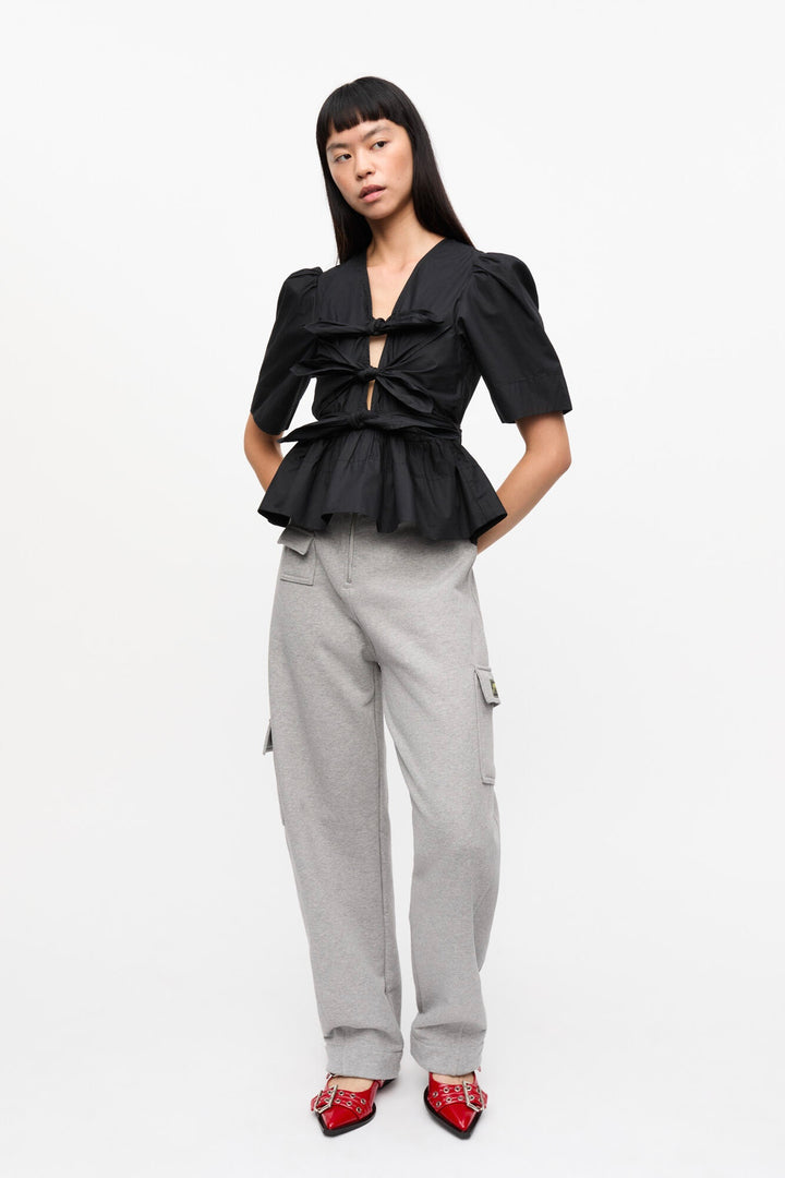 GANNI Washed Stretch Cotton Tie Strap Blouse Black - Dale