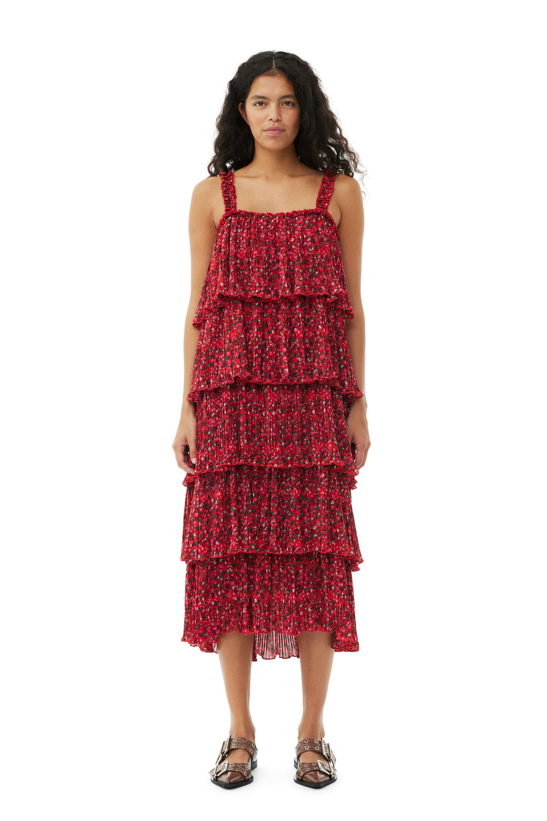 GANNI Pleated Georgette Flounce Strap Midi Dress - Dale