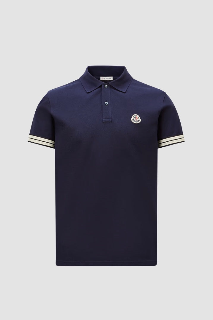 MONCLER | Striped Trim Cotton Piquet Polo Shirt Dark Blue | Dale