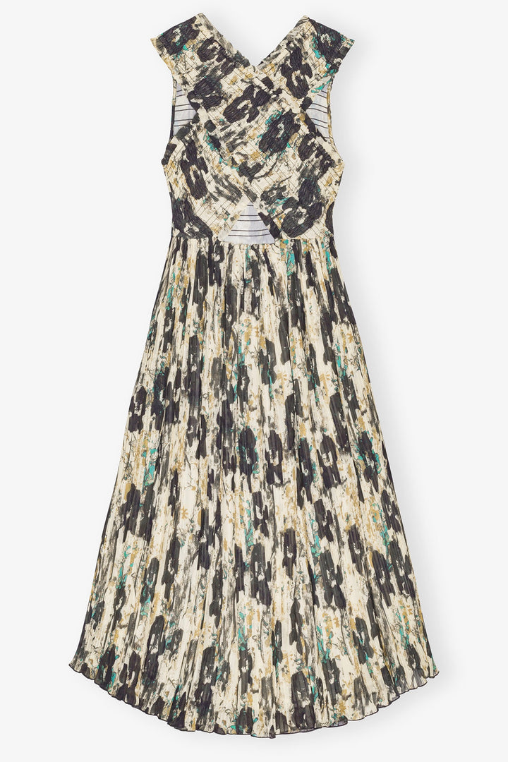 GANNI Printed Pleats Smock Midi Straps Dress - Dale