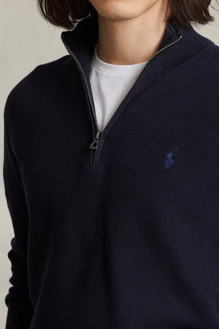 Mesh-Knit Cotton Quarter-Zip Jumper Navy Heather