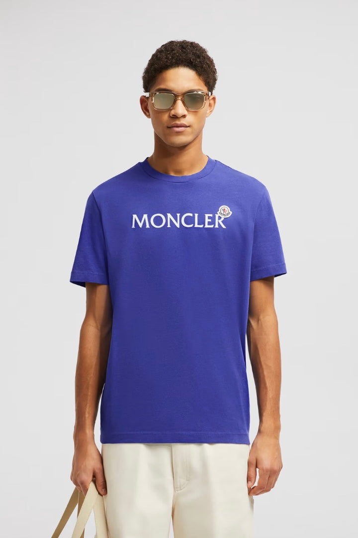 MONCLER Flocked Logo Cotton T-Shirt Bright Blue - Dale