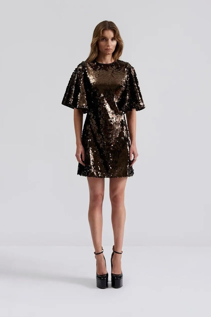 BY MALINA Yvette Wide Sleeve Sequin Mini Dress Chocolate - Dale