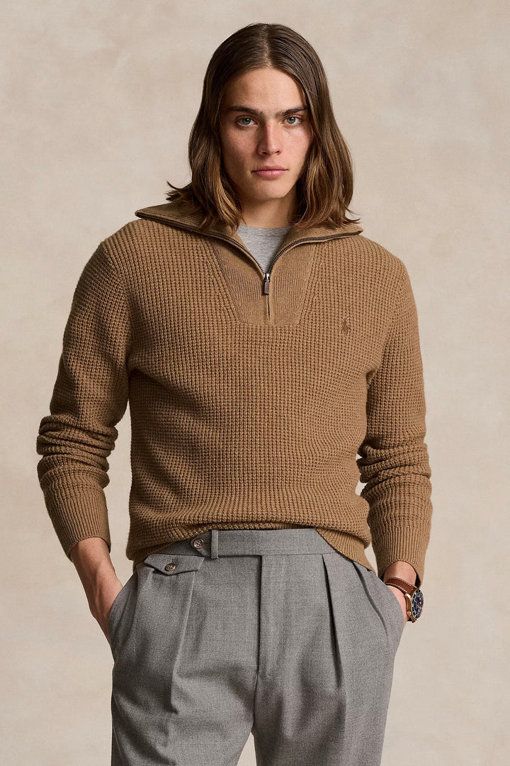 POLO RALPH LAUREN Waffle Wool-Cotton Quarter-Zip Jumper Brown - Dale